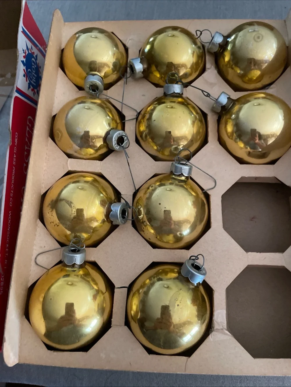 Lot of 10 Vintage Coby 2” Glass Gold Christmas Tree Ornaments In Original Box